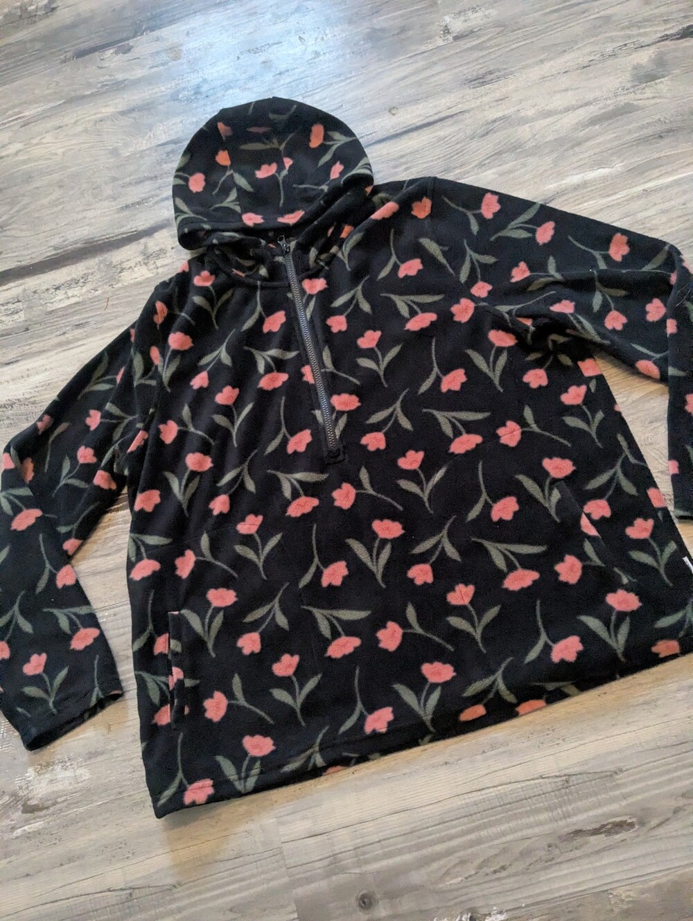 O'Neill Black Floral Half-Zip Hoodie with Pink Tulips